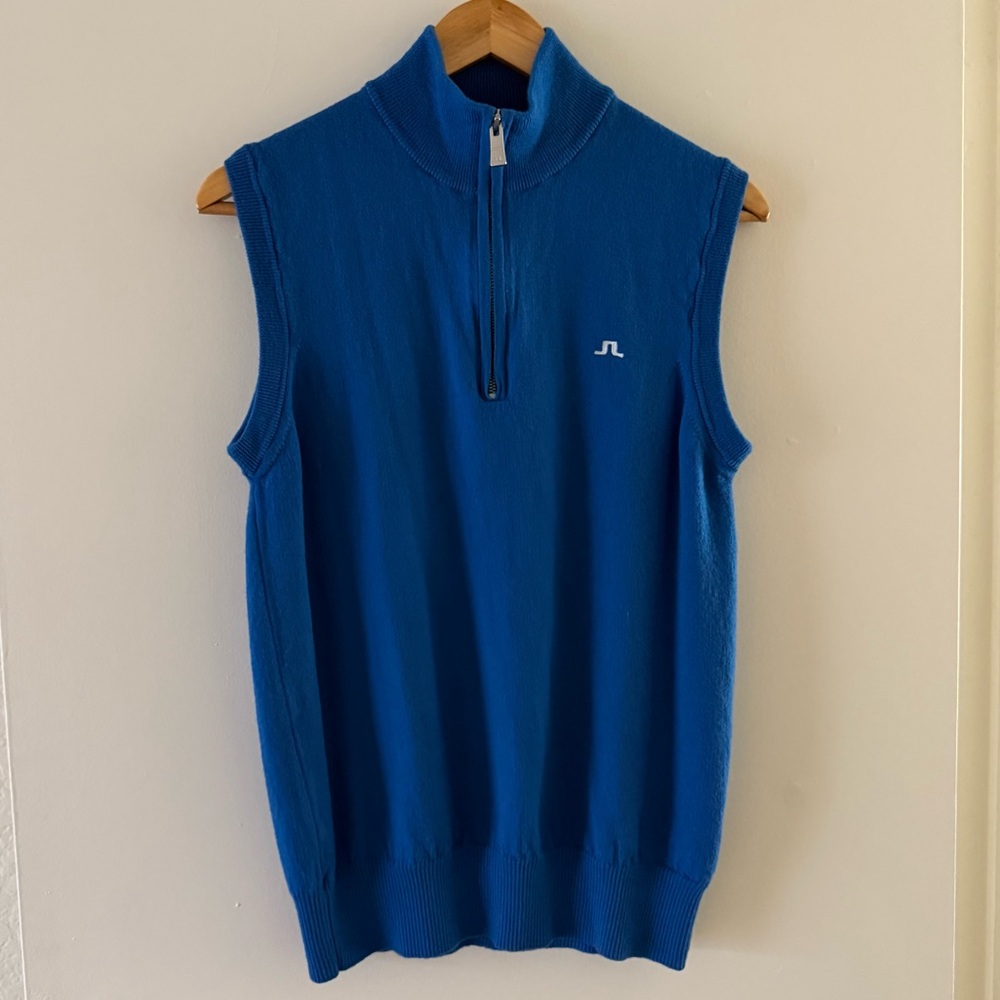 J Lindeberg Merino Wool Sweater Zipper Vest Mens L Blue Golf